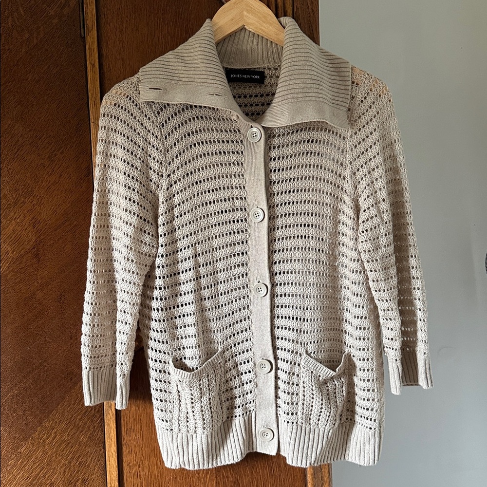 Jones New York Cream Cardigan Sweater Open Knit Tall Collar Small Medium Pockets